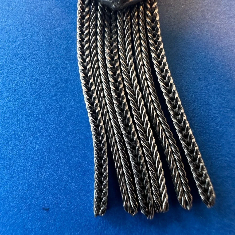 Vintage Etruscan Choker Necklace Tassel Heart Silver Tone Unsigned MCM Statement